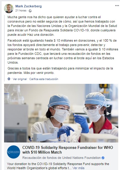facebook recaudación contra el coronavirus